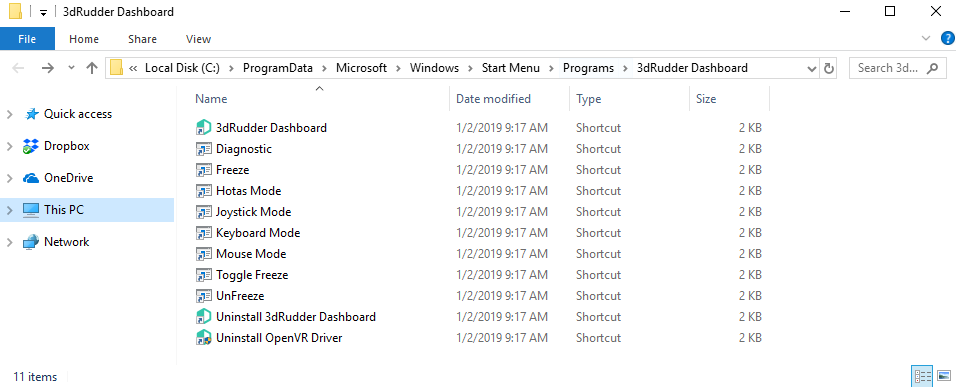 3dRudder start menu shortcut folder